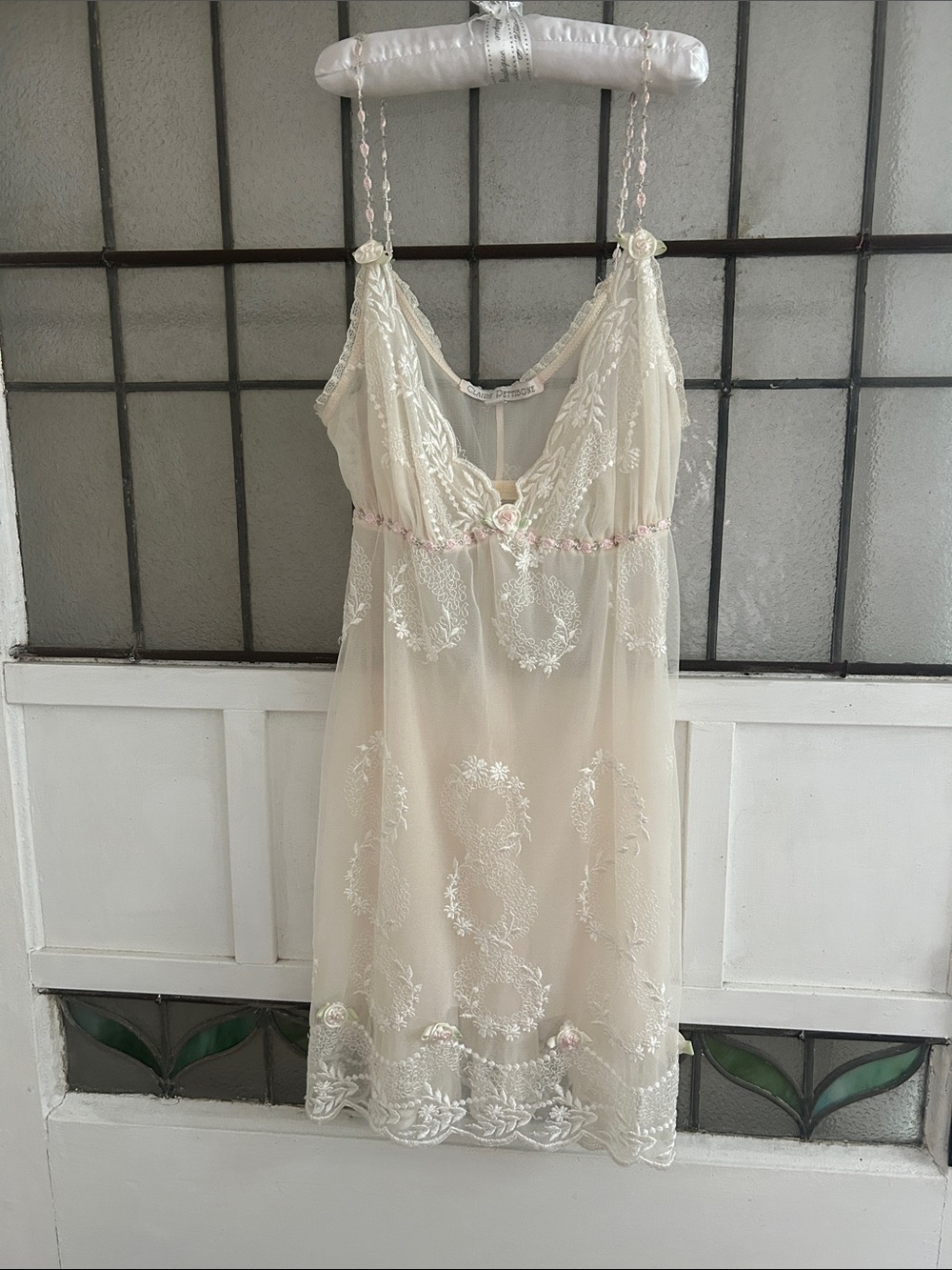 Claire Pettibone  Sheer Lace Chemise Slip in Ivory with Pink Accents